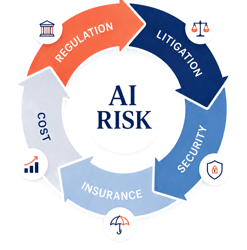 The 5 pillars of AI accountability infrastructure: regulation, litigation, security, insurance, and cost, arranged as a circular framework around AI risk.